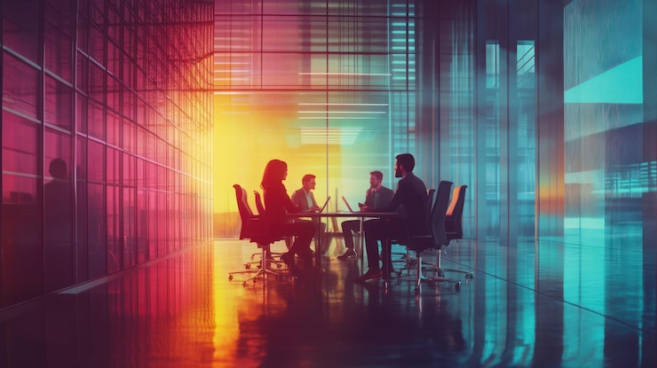 PSD reunión de negocios en una oficina moderna y colorida