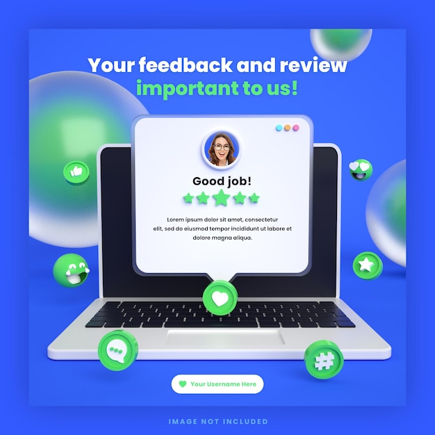 PSD revisão de feedback de cliente 3d ou modelo de postagem de depoimento de mídia social no instagram com maquete