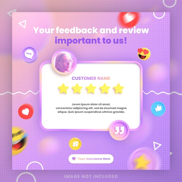Revisão de feedback de cliente 3d ou modelo de postagem de instagram de depoimento em mídia social com maquete