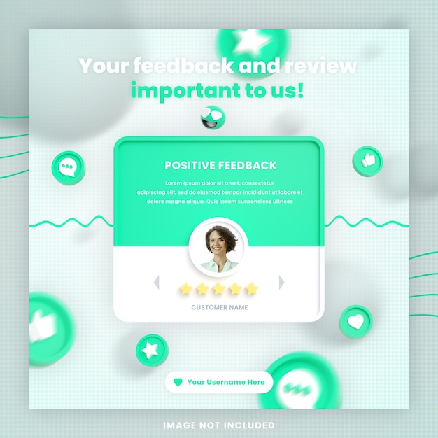 Revisão de feedback de cliente 3D ou modelo de postagem de instagram de depoimento em mídia social com maquete