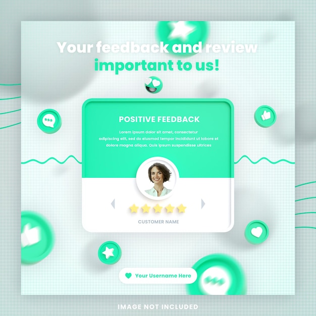 Revisão de feedback de cliente 3d ou modelo de postagem de instagram de depoimento em mídia social com maquete