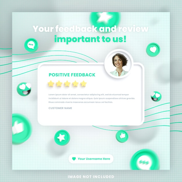 Revisão de feedback de cliente 3D ou modelo de postagem de instagram de depoimento em mídia social com maquete