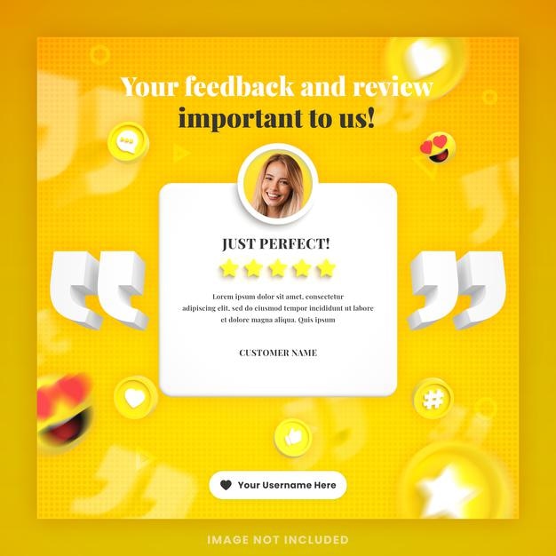 Revisão de feedback de cliente 3D ou modelo de postagem de instagram de depoimento em mídia social com maquete
