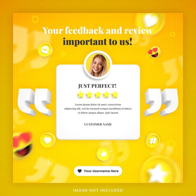 PSD revisão de feedback de cliente 3d ou modelo de postagem de instagram de depoimento em mídia social com maquete