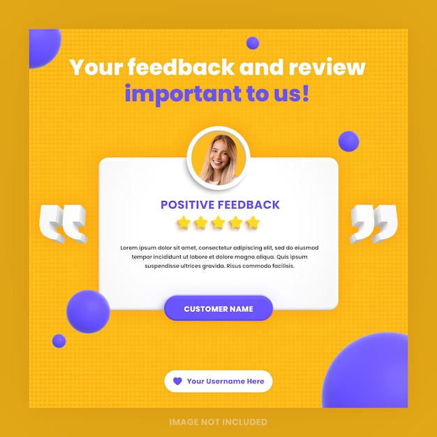 PSD revisión de comentarios de clientes en 3d o plantilla de publicación de instagram de redes sociales de diseño de testimonios con maqueta