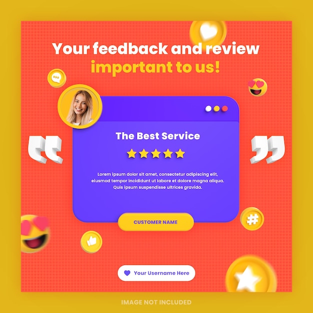 Revisión de comentarios de clientes en 3D o plantilla de publicación de Instagram de redes sociales de diseño de testimonios con maqueta