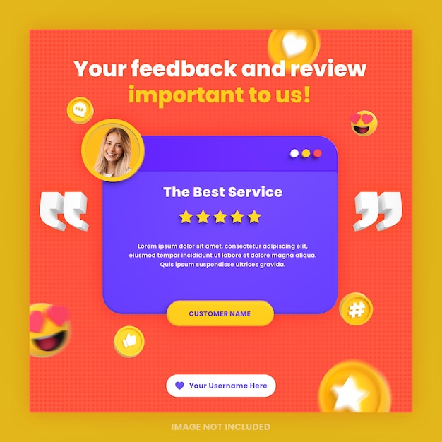 PSD revisión de comentarios de clientes en 3d o plantilla de publicación de instagram de redes sociales de diseño de testimonios con maqueta