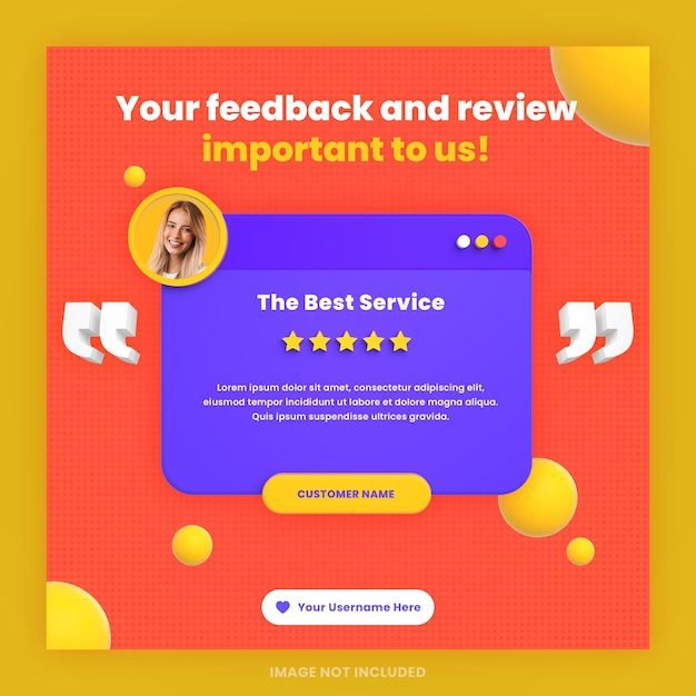 PSD revisión de comentarios de clientes en 3d o plantilla de publicación de instagram de redes sociales de diseño de testimonios con maqueta