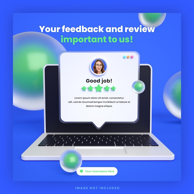 PSD revisión de comentarios de clientes en 3d o plantilla de publicación de instagram de redes sociales de diseño de testimonios con maqueta