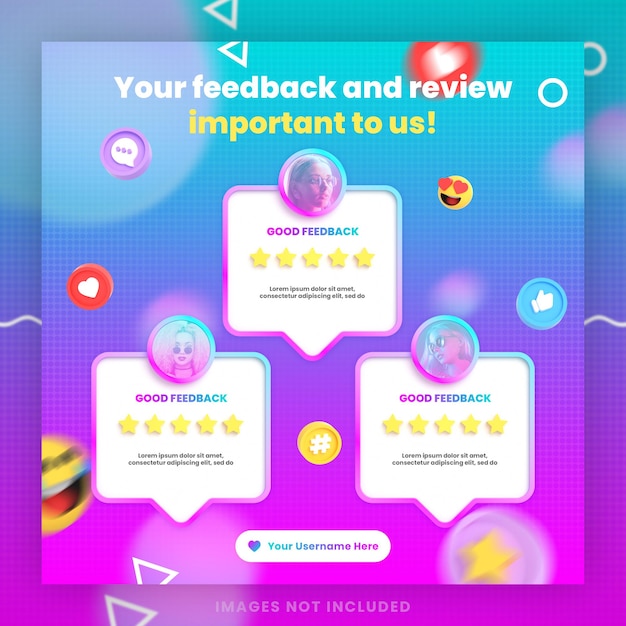 PSD revisión de comentarios de clientes en 3d o plantilla de publicación de instagram de redes sociales testimonial con maqueta