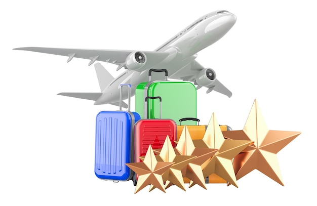 Revisiones de aerolíneas y concepto de calificación Avión con equipaje y cinco estrellas doradas Rendering 3D aislado en fondo transparente