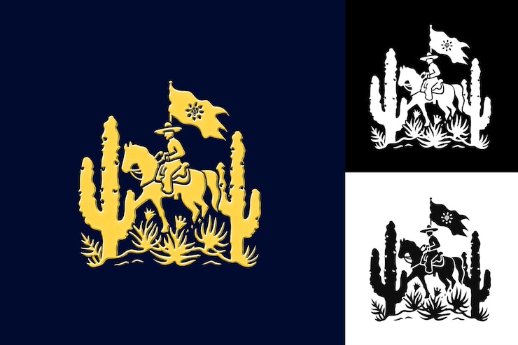 PSD revolução mexicana com um emblema ousado com um soldado em desenhos de símbolos culturais do méxico