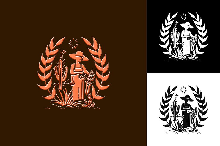 PSD la revuelta de hidalgos con una insignia rural que ilustra a un granjero y diseños de símbolos culturales de méxico