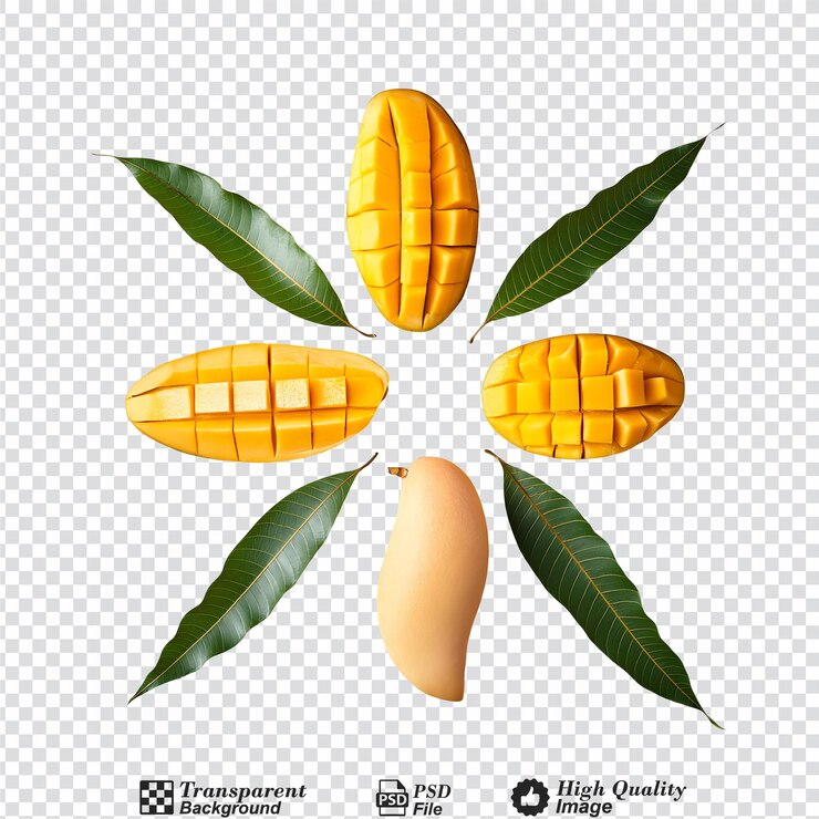 PSD el rey de las frutas, el mango, cortado en rodajas con hojas aisladas sobre un fondo transparente.