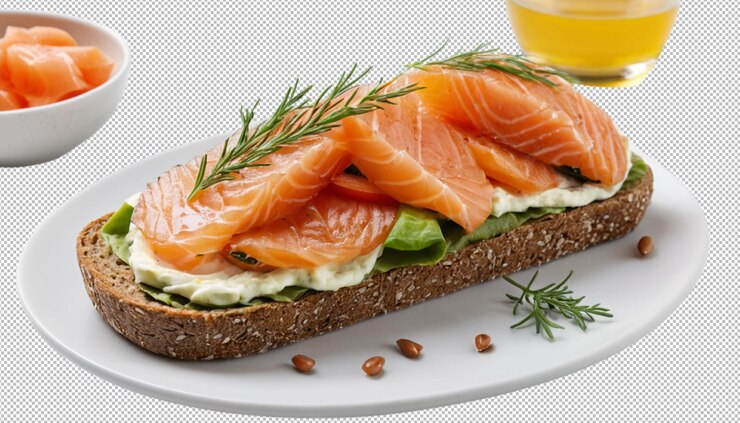 PSD rezept für ein lachs-rogbrötchen mit offener vorderseite