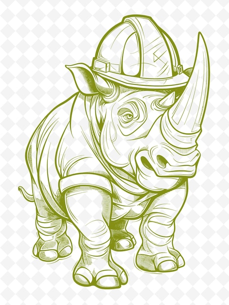 PSD rhinoceros com um chapéu duro e uma expressão dura poster des animals sketch art vector collections