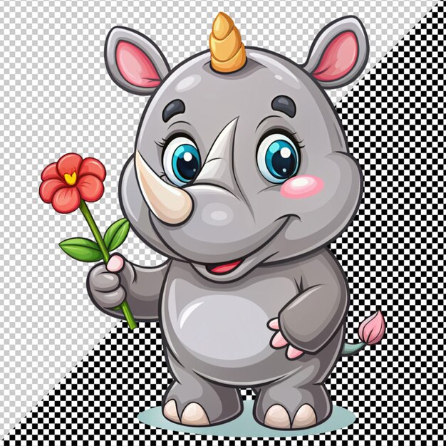 PSD rhinocéros de dessin animé mignon avec une illustration vectorielle de fleurs