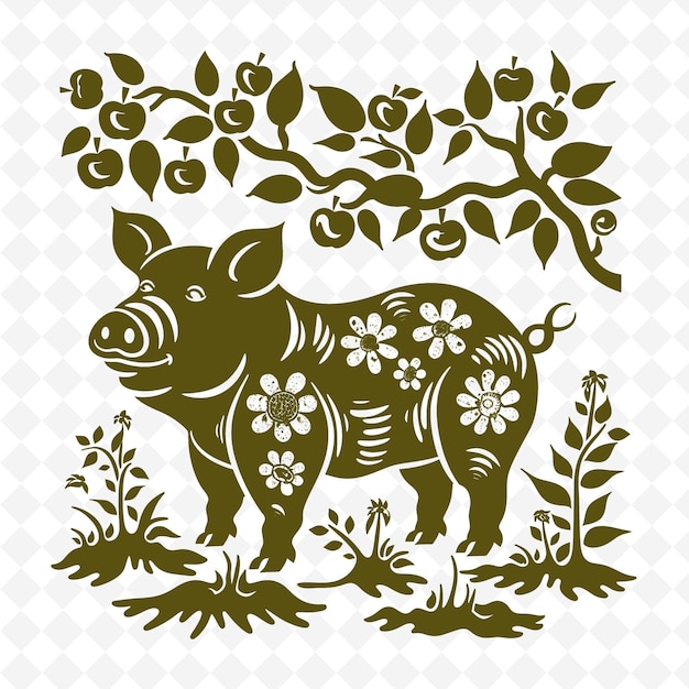 PSD un rhinocéros avec des fleurs et des pommes dessus