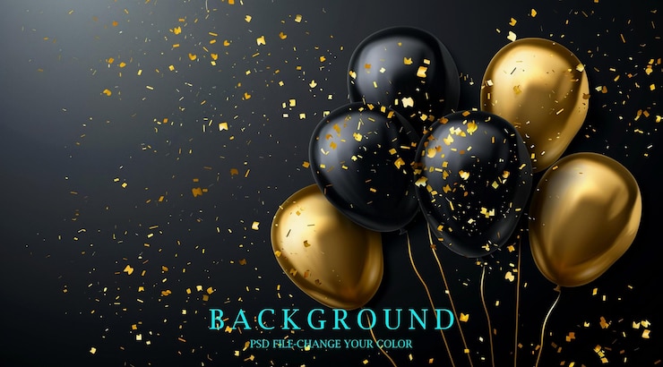 PSD riassunto disegno di sfondo di celebrazione di lusso nero e oro con palloncino