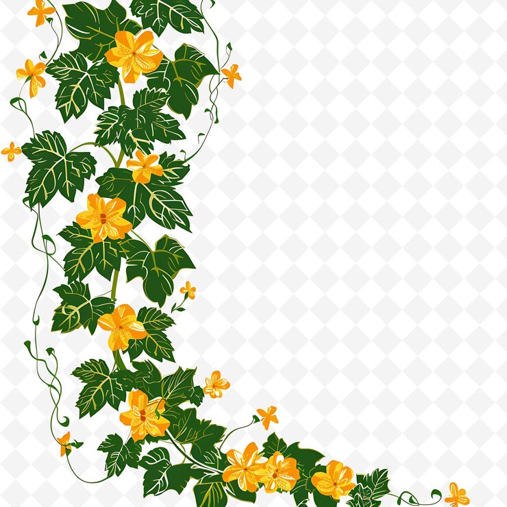 PSD rich yarn draped with ivy and marigolds leaves and flowers i png natural inspired flat borderline