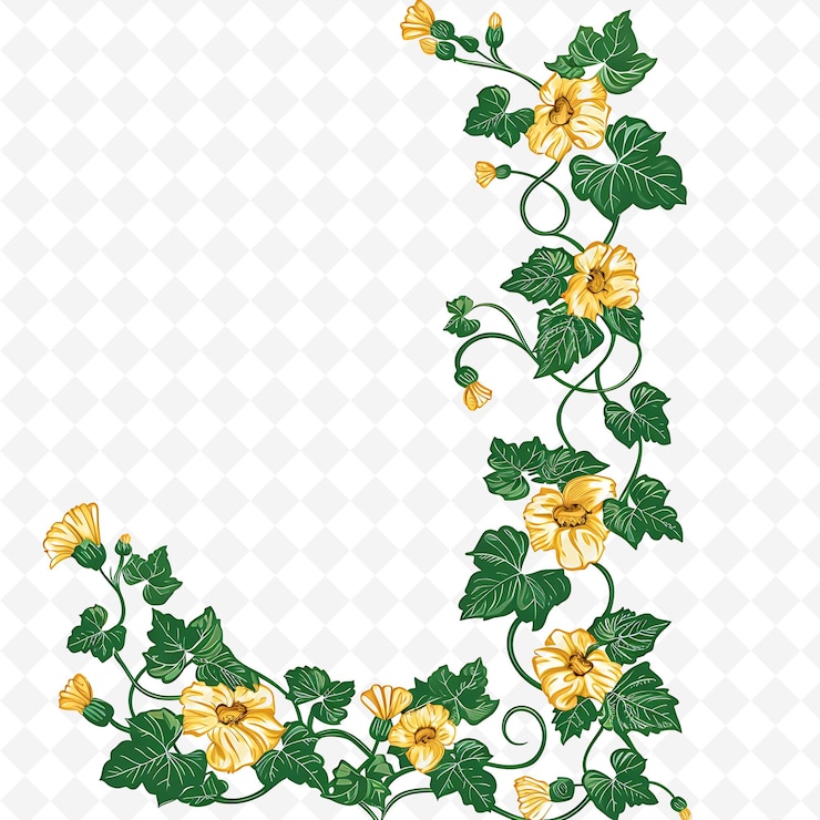 PSD rich yarn draped with ivy and marigolds leaves and flowers i png natural inspired flat borderline