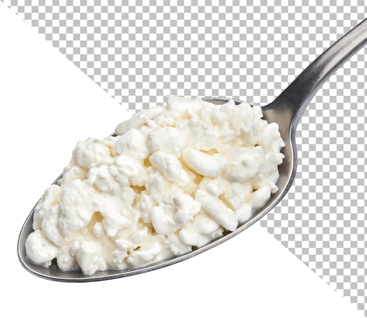 PSD ricotta in cucchiaio isolato su sfondo bianco, piena profondità di campo