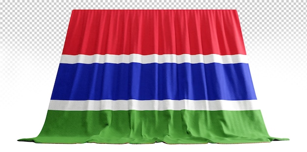 PSD rideau de drapeau gambien dans le rendu 3d de l'unité de la gambie affichée