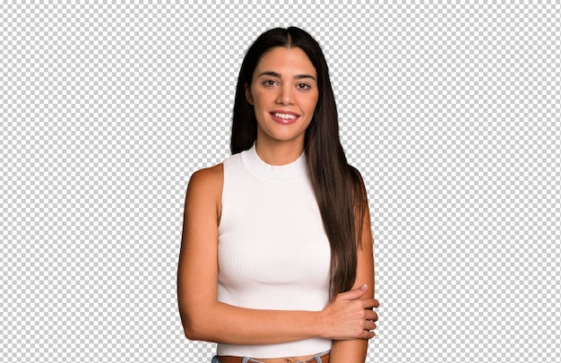 Ridere timidamente e allegramente con un atteggiamento amichevole e positivo ma insicuro