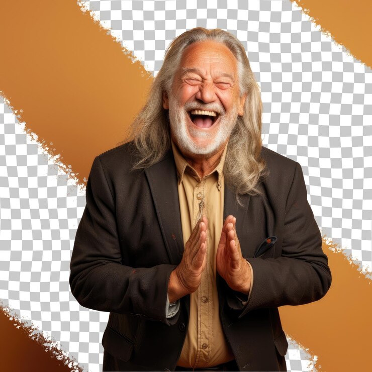 PSD riendo uralic senior hombre orgulloso con cabello largo vestido de actor posa con la mano cubriendo la boca estilo
