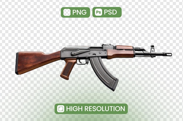 Rifle d'assaut AK47 à haute résolution Rendering 3D détaillé PNG Téléchargements PSD disponibles pour les projets de conception Les amateurs d'histoire militaire et les applications de conception graphique