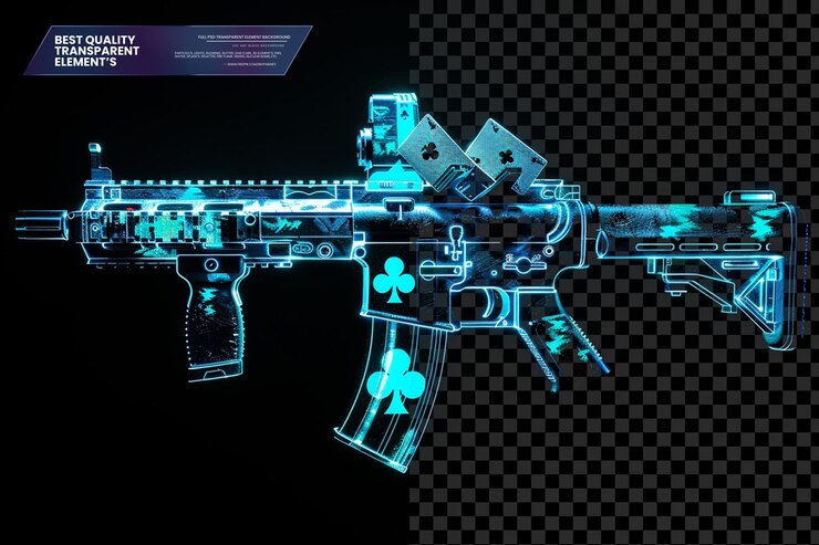 PSD rifle de ciencia ficción con el logotipo de las cartas de juego en un fondo transparente