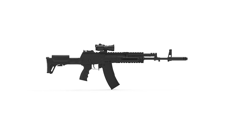 PSD rifle de assalto akm ilustração 3d em peças de metal coloridas corpo transparente 3d render arma de ouro