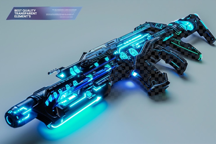 PSD un rifle futurista con luces azules brillantes y hologramas en un fondo transparente