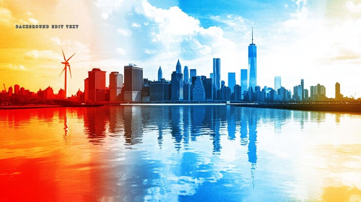 PSD riflessione dell'orizzonte di new york nell'acqua calda e fresca tonificata