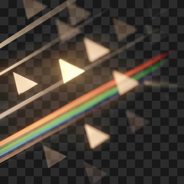 Rifrazione della luce del prisma con triangoli luminosi e spettro dell'arcobaleno su sfondo trasparente PNG