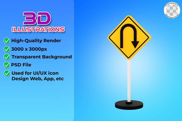 PSD right u turn sign pole 3d illustration