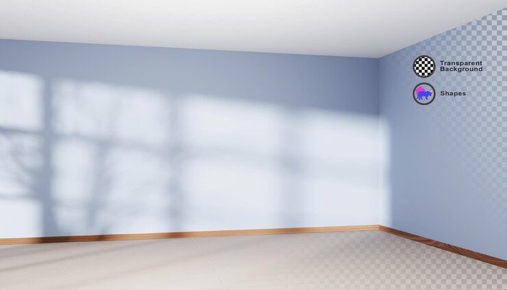 PSD rincón de habitación vacía 3d con luz solar renderización realista de la perspectiva interior de la casa con pared pintada de azul zócalo de madera natural y piso beige techo blanco maqueta de oficina o estudio
