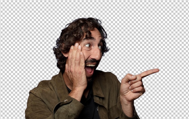 rindo olhando feliz positivo e surpreso perceber uma grande ideia apontando para o espaço de cópia lateral