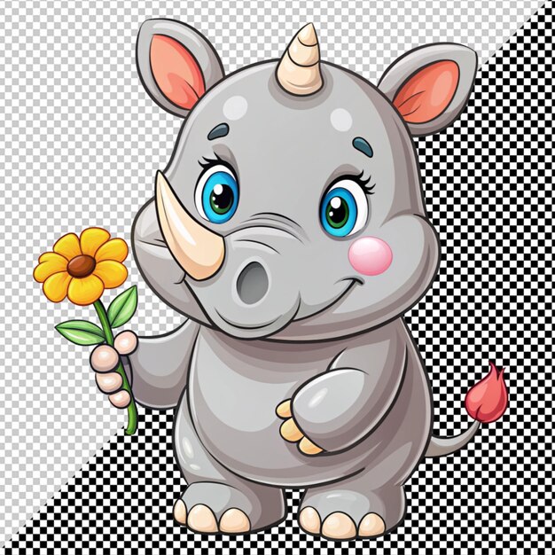 PSD rinoceronte de desenho animado bonito com flor ilustração vetorial
