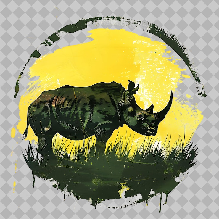PSD rinoceronte dentro de una silueta de hierba circular adornada con un diseño de animales de acuarela c png