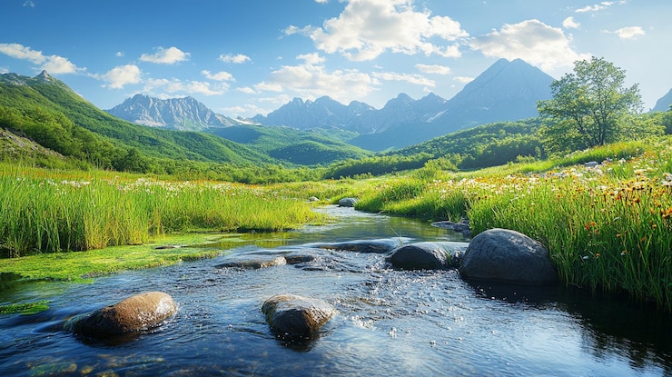 PSD un río atraviesa un valle de montaña
