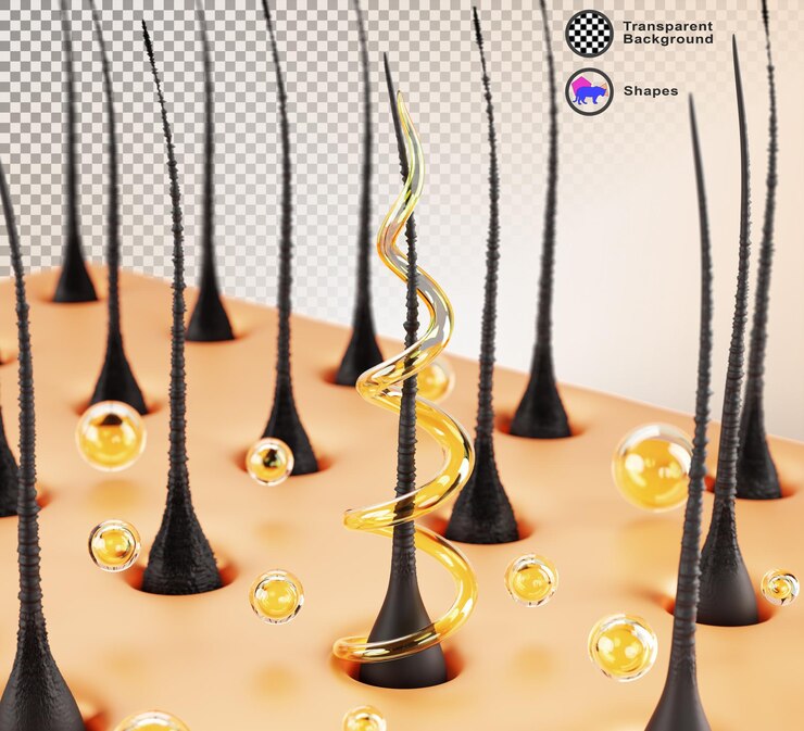 PSD riparazione dei capelli danneggiati 3d render background nutrimento e trattamento di shampoo o siero di cheratina scalp con follicoli oro liquido spirale vortice e gocce di olio prodotto cosmetico per la cura dei capelli