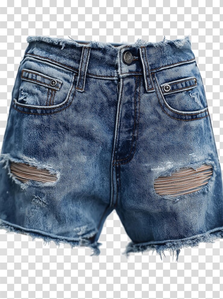PSD ripped denim shorts with rolled hem on transparent background
