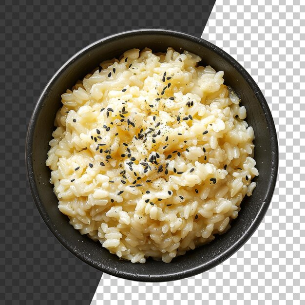 PSD risotto cremoso con sésamo negro y eneldo fresco en fondo transparente