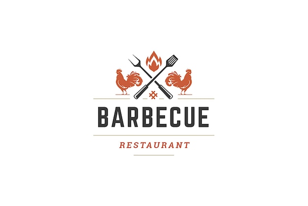 Ristorante barbecue modello di design del logo vintage gallo incrociato posate e fiamma ardente