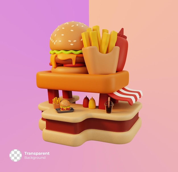 Ristoranti fast food. piccola icona del negozio isolata. Costruzione minima del negozio. Illustrazione di rendering 3D