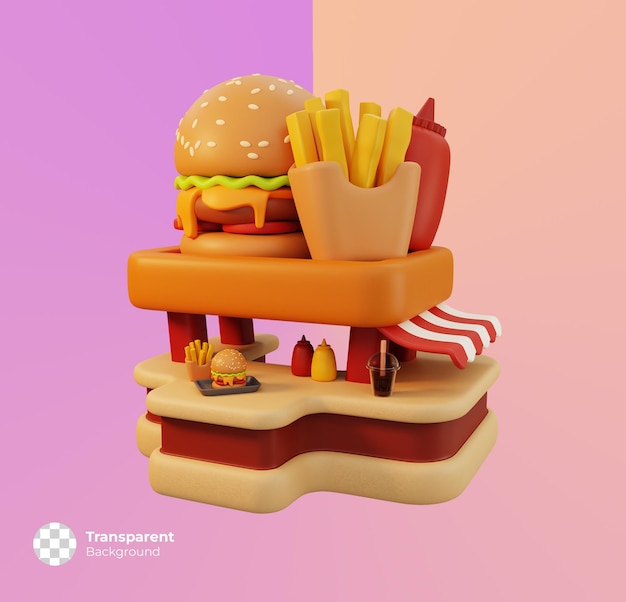 Ristoranti fast food. piccola icona del negozio isolata. Costruzione minima del negozio. illustrazione di rendering 3D