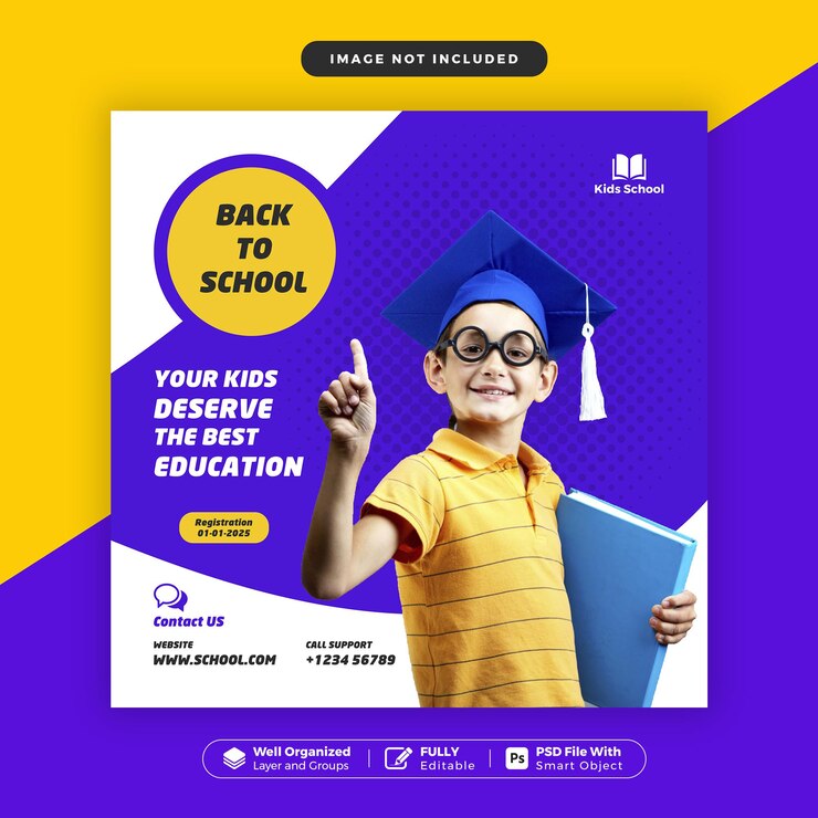 Ritorno a scuola adatto per post sui social media di progettazione di banner quadrati online educativi