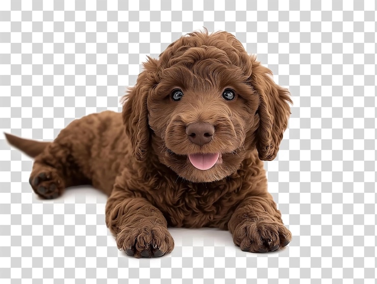 PSD ritratto a tutto corpo di un felice cucciolo di labradoodle marrone su uno sfondo trasparente