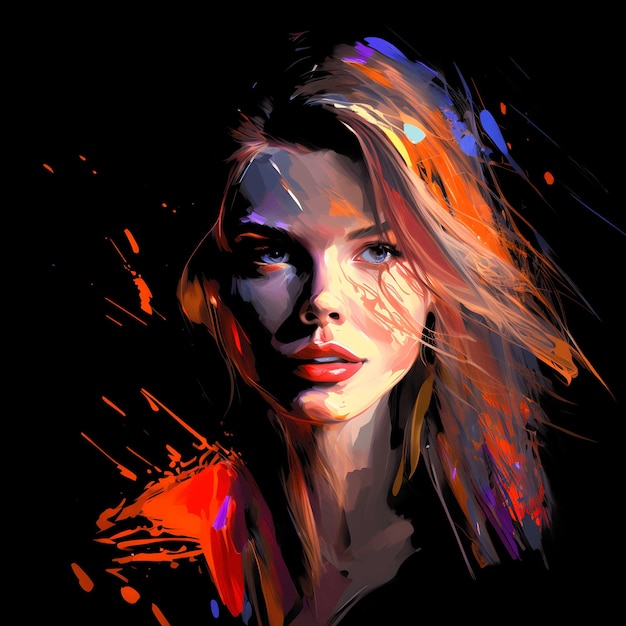 Ritratto al neon colorato su sfondo nero 4096px PNG stile artistico di pittura per il design di clipart di maglietta